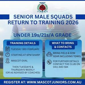 Reminder Senior sides are back to training this Tuesday 6pm sharp at Mascot Oval.

Under 18 players are also welcome to join. More information about your official start date to come soon as the Under 18s competitions dont commence until May.

The grind begins Ⓜ️

Register now at www.mascotjuniors.com.au