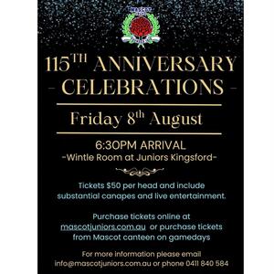 🎉 Mascot Juniors Turns 115! 🎉

Join us for a night of celebration, memories, and mateship as we mark 115 incredible years of Mascot Junior Rugby League Football Club!

📅 Friday, 8th August
📍 The Juniors Kingsford - Wintle Theatre
🕡 Arrive from 6:30pm | Kick-off at 7:00pm
🎟️ Tickets: $50 – includes substantial canapés & live entertainment
👗 Dress Code: Smart Casual with a Touch of Blue

Whether you’re a past player, proud parent, lifelong supporter, or just love footy – this is a night you won’t want to miss!

Let’s honour our history, celebrate our community, and look forward to the future of Mascot Juniors 

👉 Tickets are limited – grab yours now and spread the word!

To purchase head to https://www.mascotjuniors.com.au/tickets or grab your ticket at Mascot Oval canteen on game days or get in contact with us to arrange payment.

Purchase link in bio