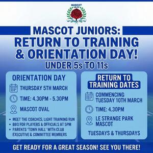 ​🏉 FOOTY TRAINING IS BACK! Calling all our Mascot Juniors U5s to U11s! 🏉

​Get ready for a massive 2026 season! We are thrilled to announce our upcoming Return to Training and Orientation dates. ​Save the dates and get ready to kick off Season 2026.

​💙 Orientation Day & BBQ: Thursday, 5th March at Mascot Oval. This is a great chance to meet the coaches, have a light run, grab a sausage sizzle, and attend the parents' 