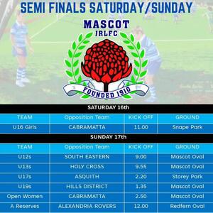 It's onⓂ️ Semi Final Football.

Week 1 of the Combined Competitions and Week 2 of the A Grade Semi-Finals kicks off this weekend. 

We have two Grand Final qualifiers amongst the games with our 19s and A Reserves playing for a spot in the big one.  All other games are knockout semi final football.

The 14 Girls get the weekend off after finishing with the minor premiership.

Good luck to all the teams.

Lets go Mascot💙🩵