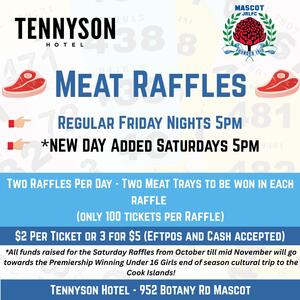 Thanks to the Tennyson Hotel, we've added a second day to our popular meat raffles.

You can now join us at our regular Friday raffles and also Saturdays at the Tennyson Hotel from 5 PM for your chance to win (just in time for Grand Final BBQs). 

Come on down to the Tenno, grab a drink or a meal, and get some raffle tickets and participate in all the excitement!