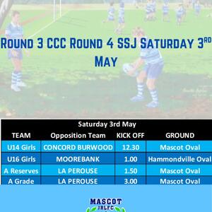 Round 3 in the Combined Competitions and Round 4 in the SSJ.

All games are subject to change which will be communicated by your team officials if that occurs.

Good luck to all teams and fingers crossed the rain subsides.