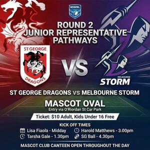 🔴⚪️ GAME DAY SATURDAY 14TH FEB 🟣⚡️

Round 2 Junior Reps is heading to Mascot Oval. A massive day of Pathways footy as the Dragons host the Storm.

🗓️ This Saturday Feb 14 
📍 Mascot Oval (O'Riordan St Carpark entry)
 🎟️ $10 Adults / Kids <16 FREE 
🌭 Canteen open all day!

Kick-offs:
12:00pm | Lisa Fiaola
1:30pm | Tarsha Gale
3:00pm | Harold Matthews 
4:30pm | SG Ball