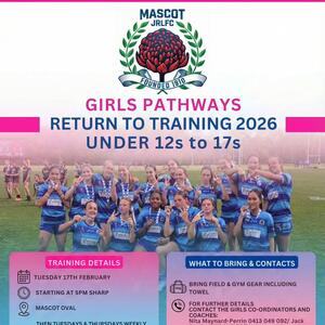 Mascot Girls Pathways 2026! Ⓜ️

​The Mascot Juniors Girls Pathways program returns for 2026, for our Under 12s to Under 17s squads.

​We are incredibly proud to announce that our girls will receive again high-quality coaching focused on skills and development training led by two of the best development coaches.

​🏉 Nita Maynard-Perrin: NRLW Great and Pioneer- Passionate about development and growth of the girls game in Rugby League

🏉 Jack Perrin: Sydney Roosters Pathways & Club Coaching Director...Skills, technique and development at the grass roots.

​This is a unique opportunity to learn from experienced professionals dedicated to developing the next generation of female rugby league talent. Whether you are building on existing skills or striving for elite pathways, this is the place to be.

Proud of all our girls who are now part of the Rabbitohs pathways systems.

​🗓️ TRAINING KICKS OFF SOON!

Get your field and gym gear ready.

​Start Date: Tuesday, 17th February
​Time: 5:00 PM Sharp
​Location: Mascot Oval
​Weekly Schedule: Then Tuesdays & Thursdays weekly

Register today at: WWW.MASCOTJUNIORS.COM.AU

​For further details, contact our Coordinators and Coaches: Nita Maynard (0413 049 092) or Jack Perrin (0413 049 092).
​