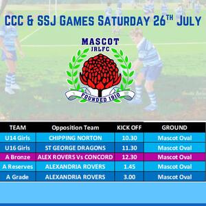 🏉This weekends games across Saturday and Sunday.

Saturday is a big day at Mascot Oval with the 2025 Old Boys/Girls Day.  Official proceedings kick off 1pm but all are welcome earlier to watch all the game day action.

The canteen will be open along with the old boys/girls marquees serving up the best value steak and salad rolls in town, with the meat provided by our good friends at Vatan Butchers.

💙Good to luck to all teams.🩵