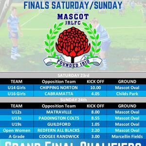 💙 HUGE FINALS WEEKEND🩵

​SEVEN of our teams are battling it out this Saturday & Sunday for a spot in next week's GRAND FINALS and join our A Reserves who are already through to GRAND Final weekend.

🏉 Kicking it off on Saturday are our 14 Girls who will be at home at Mascot Oval.  Our 16 Girls are away against St.George Dragons.

🏉 On Sunday, it is a feast of footy at Mascot Oval with the 12s, 13s, 19s, and Open Womens all playing at home. 

🏉 Also, on Sunday, our A Grade head over to Marcellen Fields to take on Coogee Randwick at 3pm to see who will face La Perouse in the big dance.

​Check out the game schedule and head to Mascot Oval and other grounds to cheer on all the teams! Good luck to all the teams, players, and officials.

⚠️As always, your manager will advise of any ground or time changes.